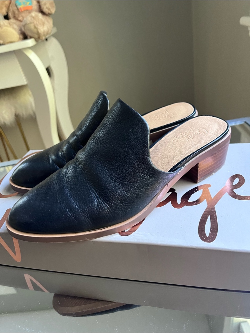 Black Leather Slip-On Mule Heels sz 6